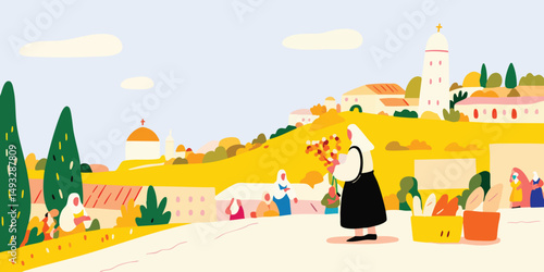 A vibrant depiction of a local marketplace bustling with activity, where vendors and residents gather amidst the colorful backdrop of Mediterranean architecture.