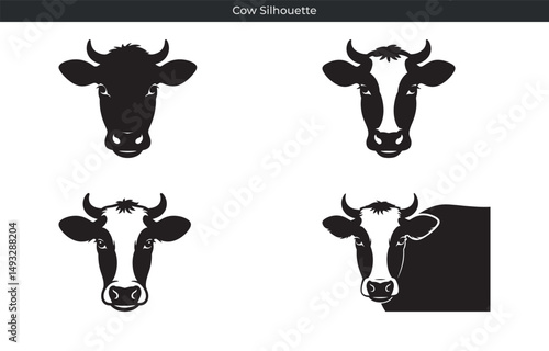 Four different vector silhouettes of cow heads in black and white isolated on white