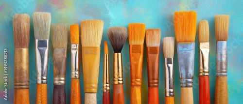 Assortment of artist paint brushes on colorful background studio shot close up art supplies for painting