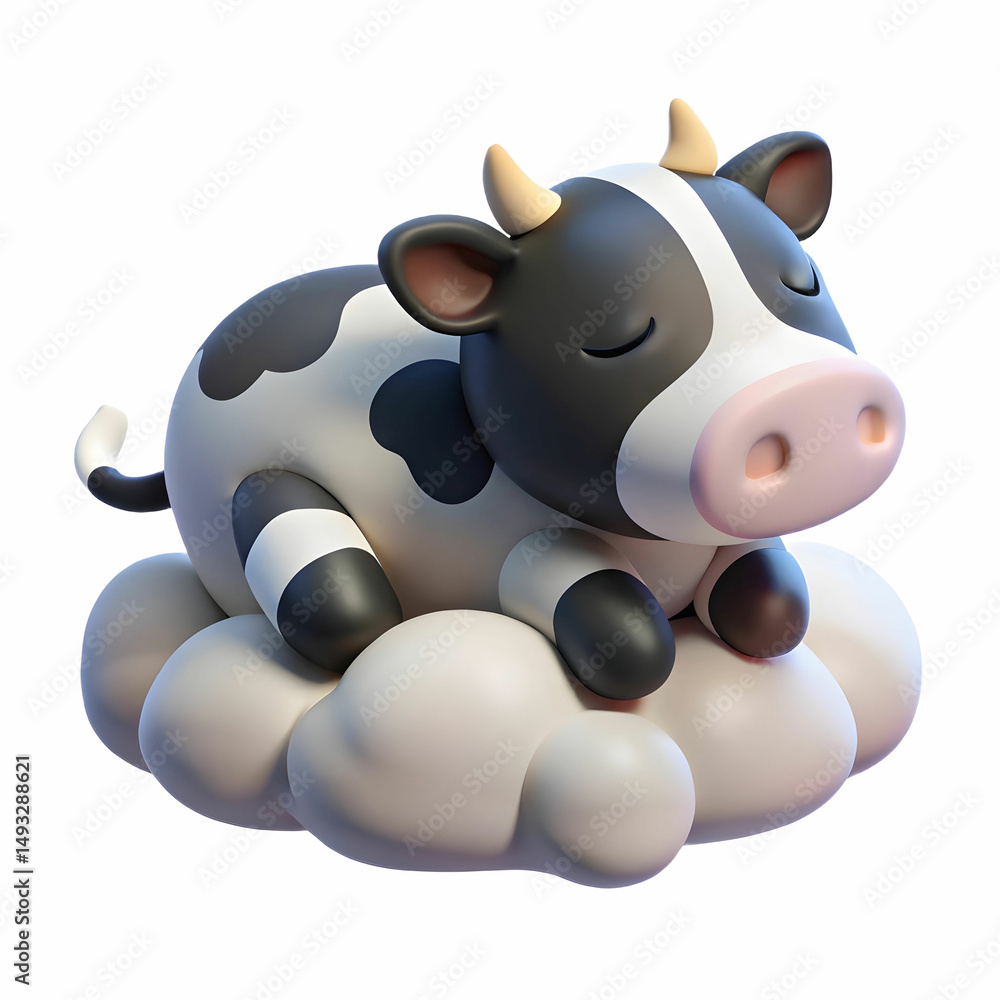 Naklejka premium cute black and white cow sleeping on fluffy cloud