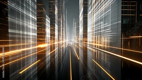 Futuristic city grid with glowing lines creates an abstract cityscape