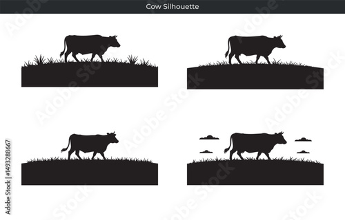 Elegant vector silhouette illustrations of cows grazing on a grassy farm with simple clouds