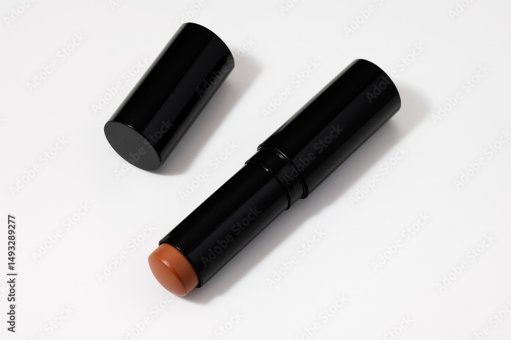 A sleek black cosmetic stick with a brown-toned product exposed, laying beside its detached cap on a bright white background A sleek black cosmetic stick with a brown-toned product exposed, laying beside its detached cap on a bright white background