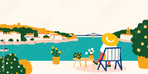 A serene illustration of a person enjoying a relaxing view of the beautiful coastal town and the bay. The person is relaxing outdoors, surrounded by the tranquility of the sea, flowers.