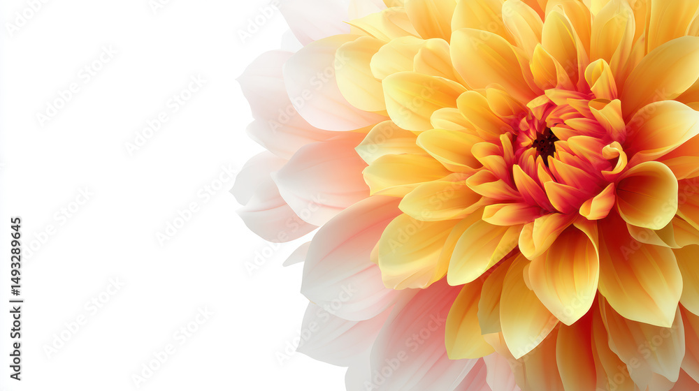 Fototapeta premium A captivating close-up showcases the vibrant yellow and peach hues of a dahlia flower, with its intricate petals creating a stunning floral display on white backdrop.