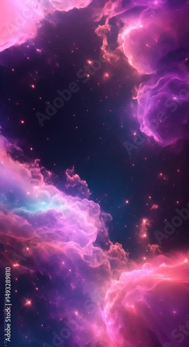 Abstract cosmic background with neon glowing clouds stars and a dark galaxy backdrop creating an otherworldly atmosphere for creative projects and designs 4K vertical