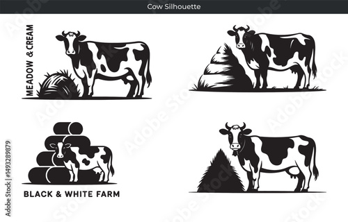 Set of four black and white cow silhouette logos for farm and dairy designs