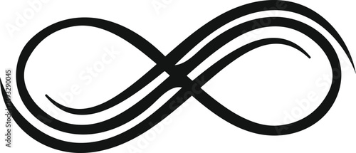 Black triple infinity symbol representing eternity, unlimited possibilities, renewal, and constant flow against a crisp white background, embodying timelessness and perpetual motion