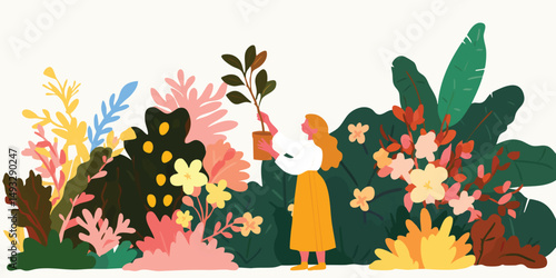A young individual tends to a small plant amidst a vibrant, colorful array of flourishing flora, embodying the nurturing connection between humans and the natural world.
