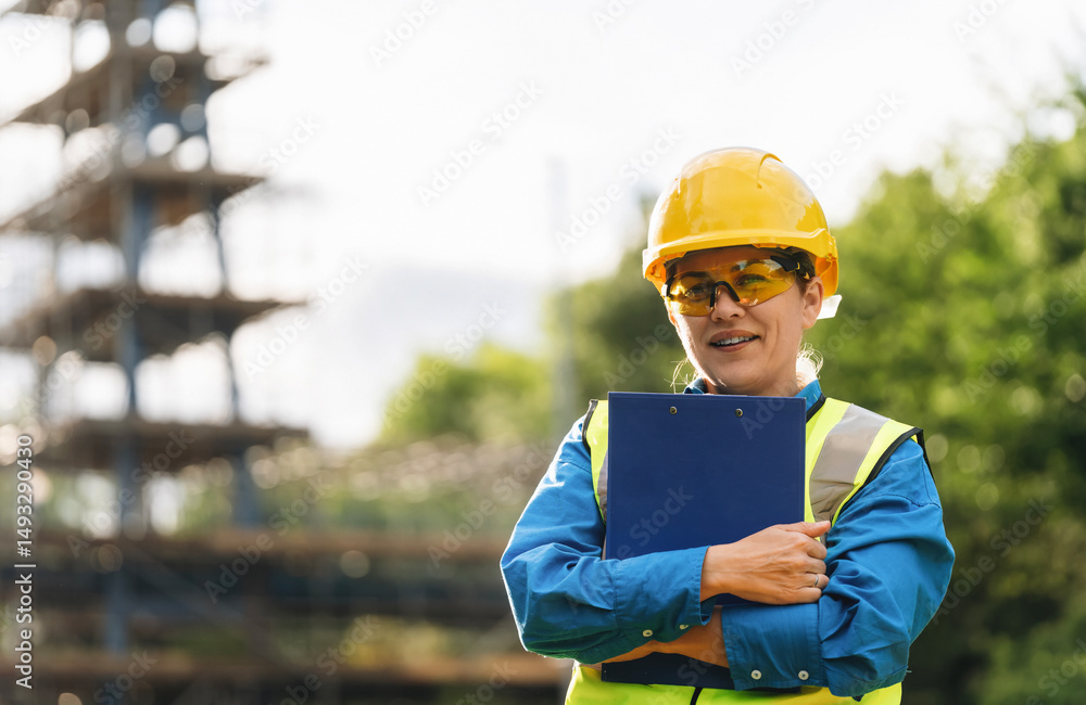 Fototapeta premium Portrait of Female construction site supervisor stands confidently with clipboard wearing protective gear and safety sunglasses