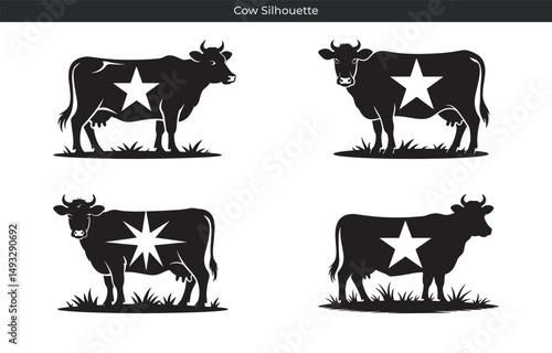 Black cow silhouettes with star elements on white background representing farm life