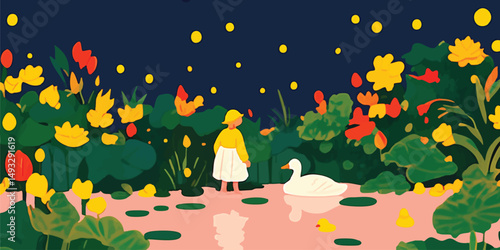 A whimsical illustration showcases a young girl's magical encounter with a swan in a serene pond, encircled by vibrant flora and gentle fireflies under the night sky.