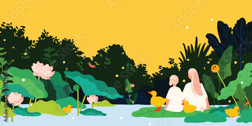 Two figures are seated amidst a serene natural scene of a pond with lotus and playful ducks. A scene of peace, tranquility, and the warmth of familial love is depicted by the artist.