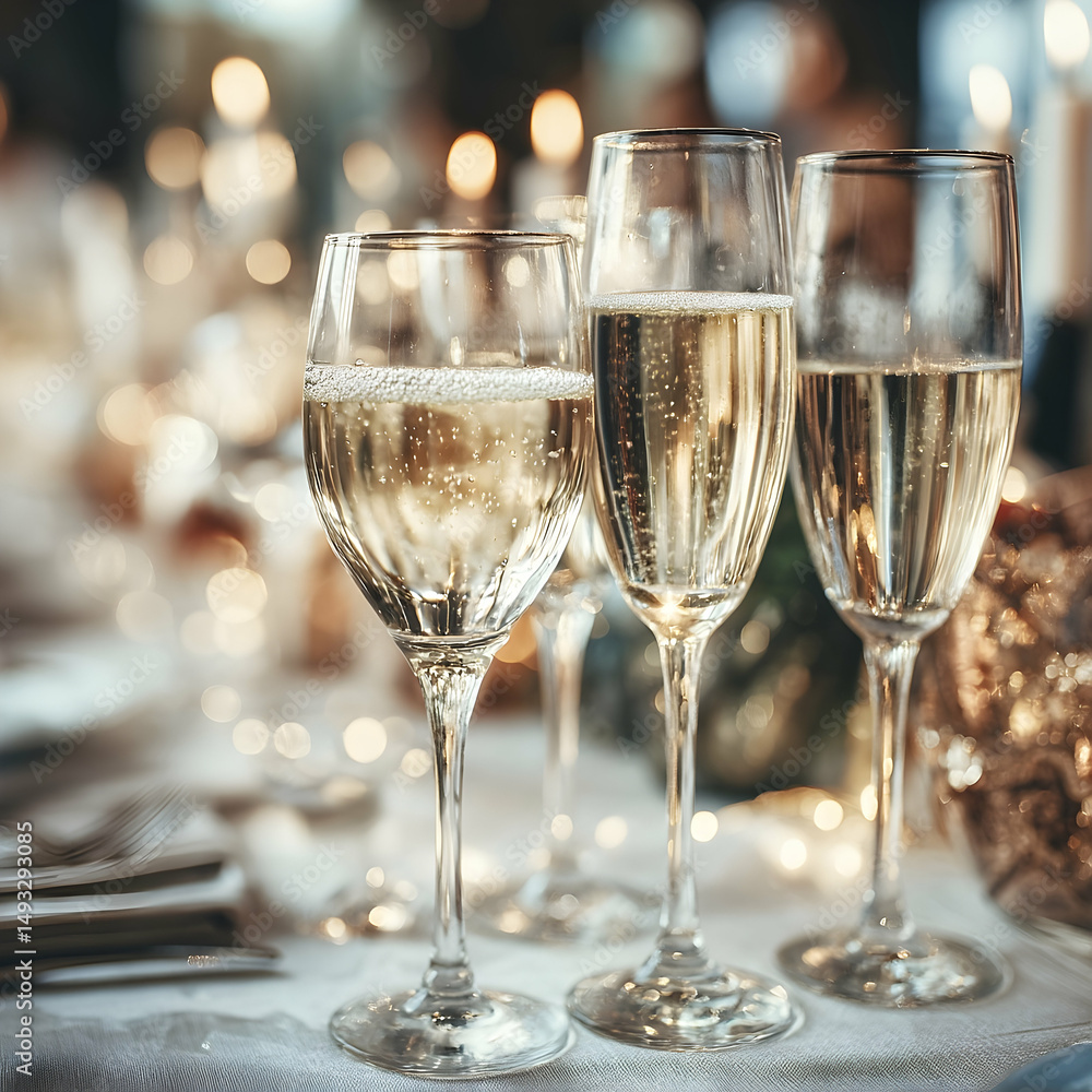 Festive champagne flutes on a celebratory table. Festive champagne flutes on a celebratory table.