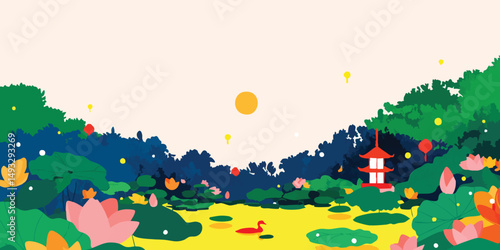 A picturesque landscape scene, with a vibrant, detailed artwork style, combines serene water scenery with nature details.