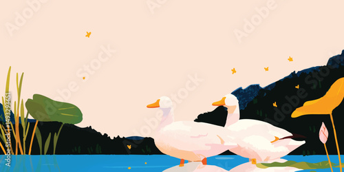 A serene lakeside scene with two elegant white ducks enjoying the tranquility. The illustration captures a moment of calm and beauty, perfect for evoking a sense of peace.