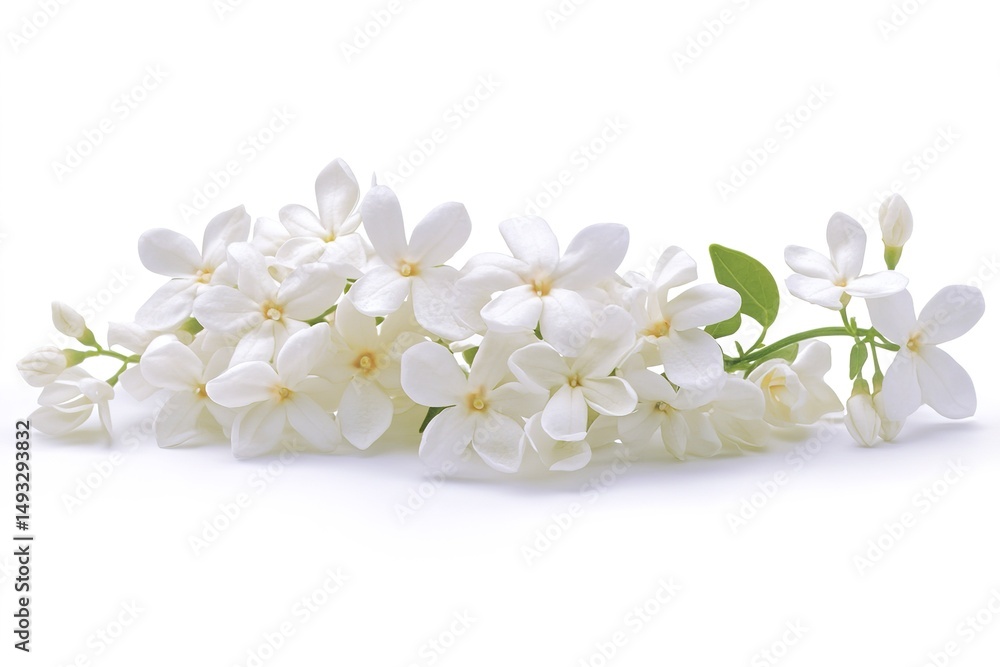 Fototapeta premium A bunch of small white jasmine flowers with star-shaped petals, isolated on a white background