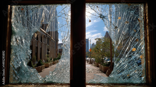 View through shattered glass revealing a city street