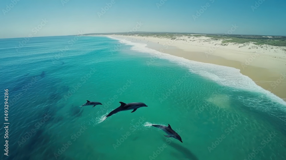 Naklejka premium Aerial view of dolphins leaping through clear turquoise waters near a sandy beach