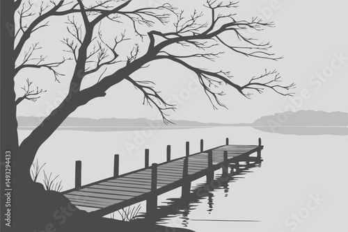  atmospheric, serene, monochrome, moody, wooden dock, vanishing point, calm water, minimal, peaceful, tranquil, solitude, ominous, dreamlike, cinematic, surreal, stark, desolate, haunting