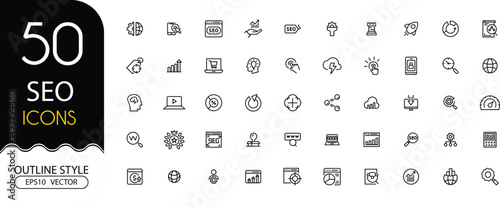 Set of 50 outline icons related to SEO, Search engine optimization. Linear icon collection. Line Editable Icons set. Vector illustration, EPS10