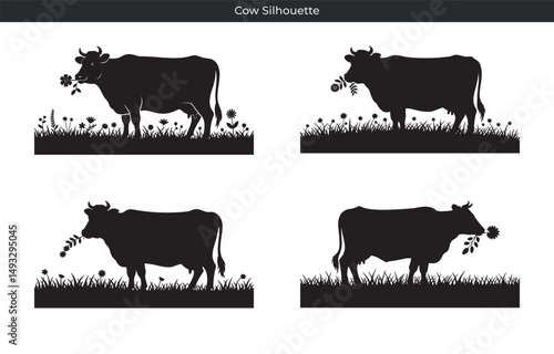 Black silhouette illustrations of cows eating flowers and grazing in lush green grass on white background.