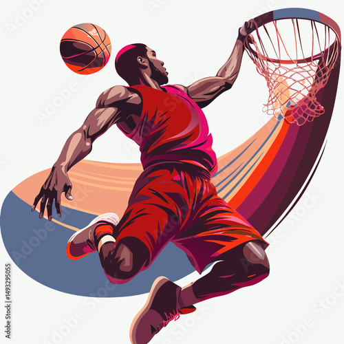 Basketball player performing a slam dunk with motion lines in colorful style  