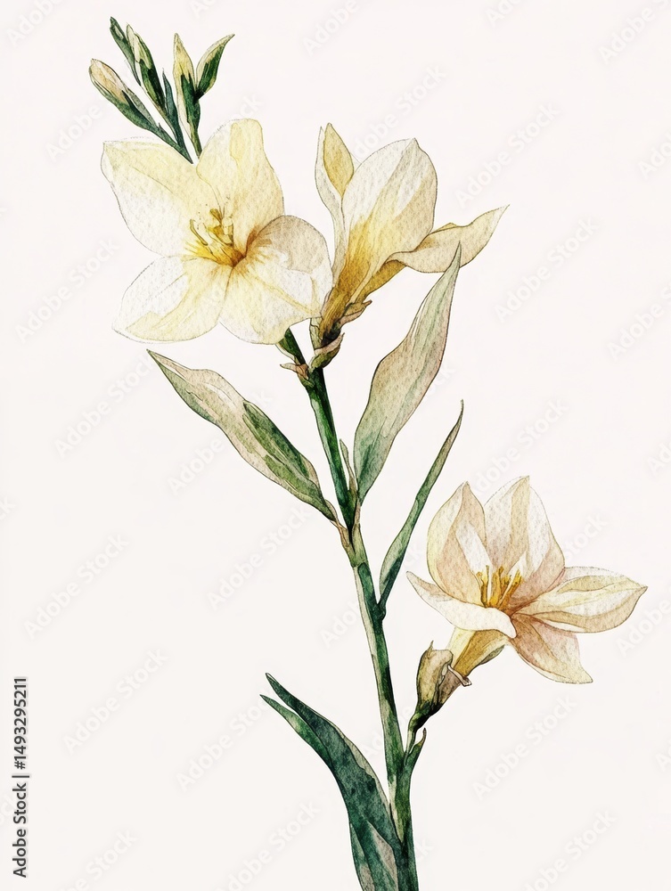 Fototapeta premium Watercolor Narcissus branch, gentle, elegant on white background 