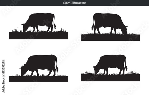 Four black silhouette illustrations of cows grazing in grass on a white background