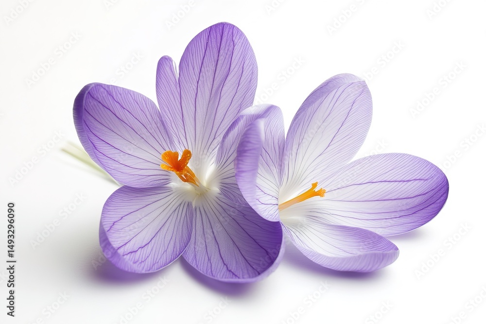 A small purple crocus with delicate petals and a soft yellow center, isolated on a white background A small purple crocus with delicate petals and a soft yellow center, isolated on a white background