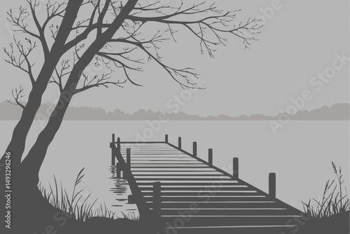  atmospheric, serene, monochrome, moody, wooden dock, vanishing point, calm water, minimal, peaceful, tranquil, solitude, ominous, dreamlike, cinematic, surreal, stark, desolate, haunting
