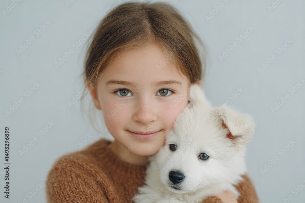 smiling child hugs fluffy pet minimalistic composition with ample copy space natural blurred background smiling child hugs fluffy pet minimalistic composition with ample copy space natural blurred background