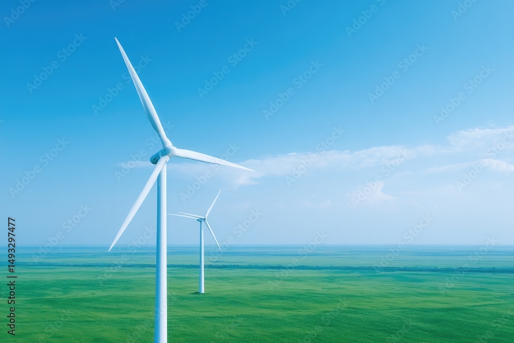 Fototapeta premium aerial drone shot captures large wind farm with towering turbines on green field below