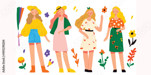 A vibrant illustration featuring four stylish women, each exuding individuality in a colorful, lively, and harmonious setting. Their poses are natural, and clothing is fashionable.