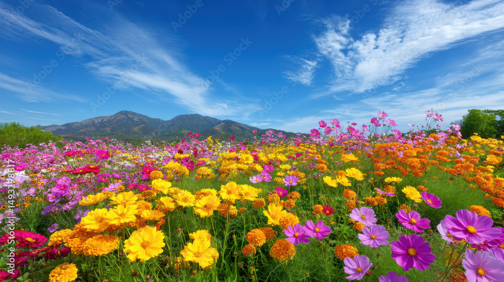 A vibrant meadow filled with colorful cosmos flowers stretches toward distant mountains under a bright blue sky adorned with wispy cirrus clouds in summer sunshine. A vibrant meadow filled with colorful cosmos flowers stretches toward distant mountains under a bright blue sky adorned with wispy cirrus clouds in summer sunshine.