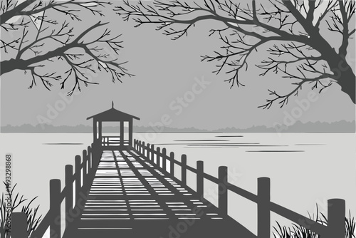  atmospheric, serene, monochrome, moody, wooden dock, vanishing point, calm water, minimal, peaceful, tranquil, solitude, ominous, dreamlike, cinematic, surreal, stark, desolate, haunting