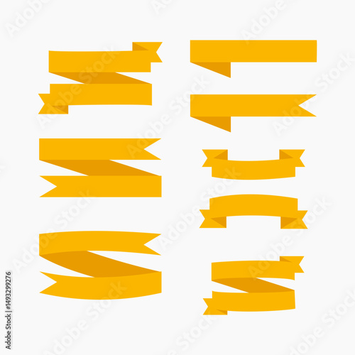A collection of flat yellow ribbon banner vector set in various shapes and styles, perfect for web, poster, and decorative design use.