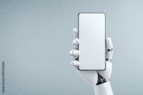 minimalistic image of humanoid robot hand gently holding smartphone with blank white screen futuristic setting hinting