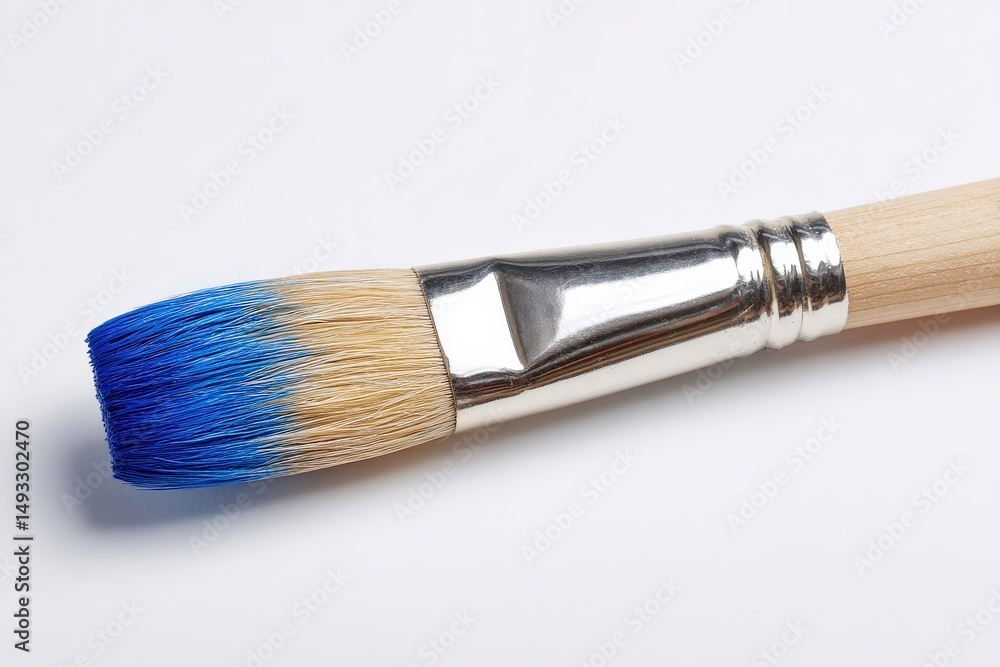 Close-up of a paintbrush with blue paint on its bristles, set against a clean white background. The wooden handle and metallic ferrule are clearly visible. Close-up of a paintbrush with blue paint on its bristles, set against a clean white background. The wooden handle and metallic ferrule are clearly visible.