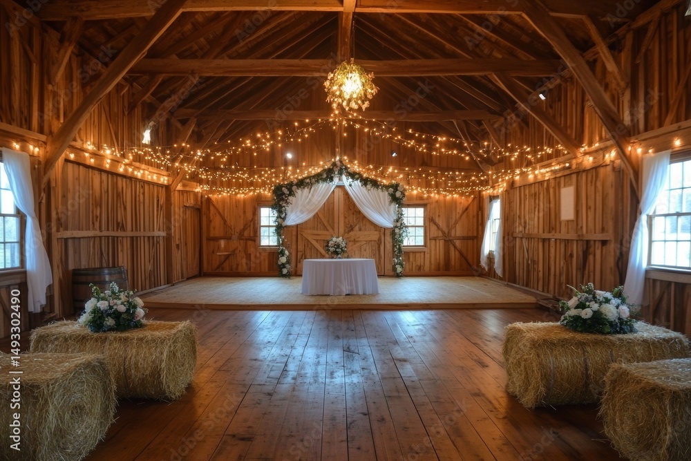 Fototapeta premium Rustic barn interior with wooden beams and hay bales.