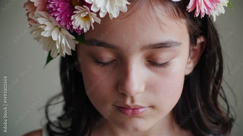 Serene young girl with closed eyes, adorned with a delicate flower crown, evokes a sense of peaceful contemplation Serene young girl with closed eyes, adorned with a delicate flower crown, evokes a sense of peaceful contemplation