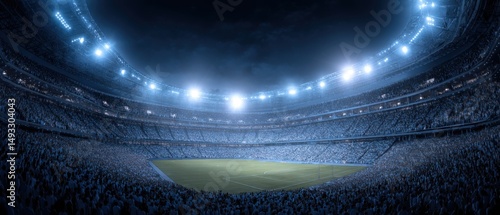 Nighttime Panoramic View of a Packed Stadium with Bright Lights from a High Angle Showing the Excitement and Energy of the Crowd
