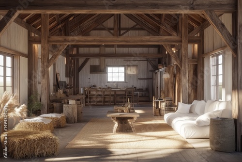 Rustic barn interior with wooden beams and hay bales.