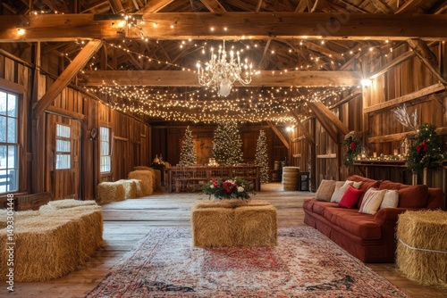Rustic barn interior with wooden beams and hay bales.
