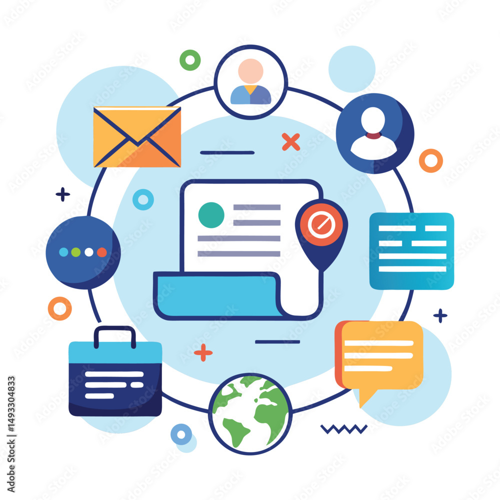 Social network concept with flat web icons depicting global communication and connection Social network concept with flat web icons depicting global communication and connection