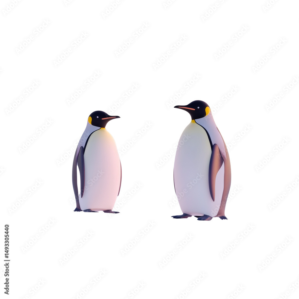 Fototapeta premium Enigmatic emperor penguins standing against a pristine white background
