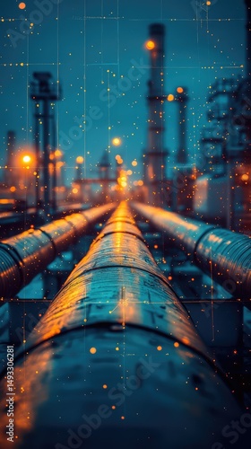 Industrial pipelines at night, illuminated, conveying energy resources