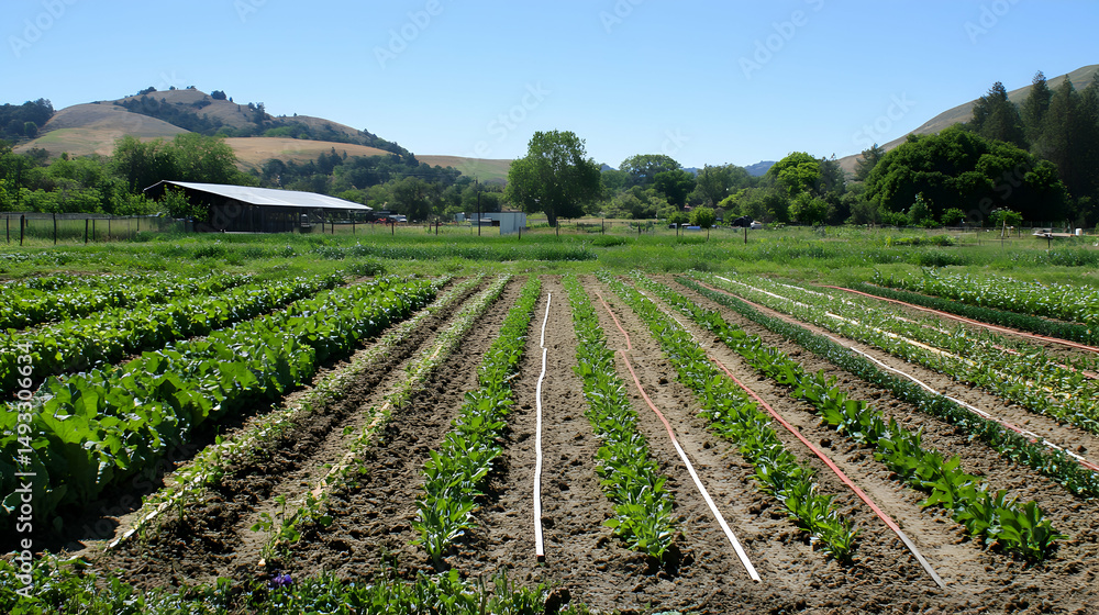 Obraz premium Vibrant Green Rows of Vegetables in a Sunny Agricultural Landscape