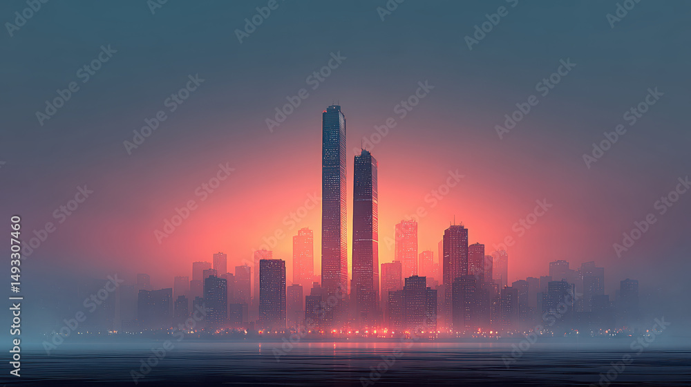 Fototapeta premium A stunning cityscape with skyscrapers illuminated by neon lights at night, offering a cool, urban-inspired wallpaper