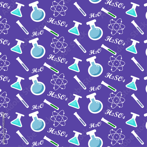 Seamless science-themed vector pattern featuring chemical symbols (H₂O, H₂SO₄), laboratory glassware, and atom icons. Perfect for educational materials, wrapping paper, and school supplies design.